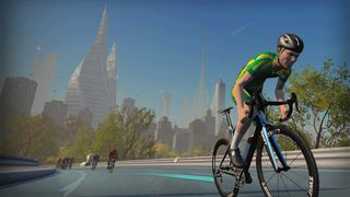 Screenshot of a rider on Zwift attacking up a climb