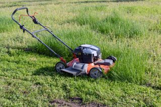 A red lawn mower cutting long grass