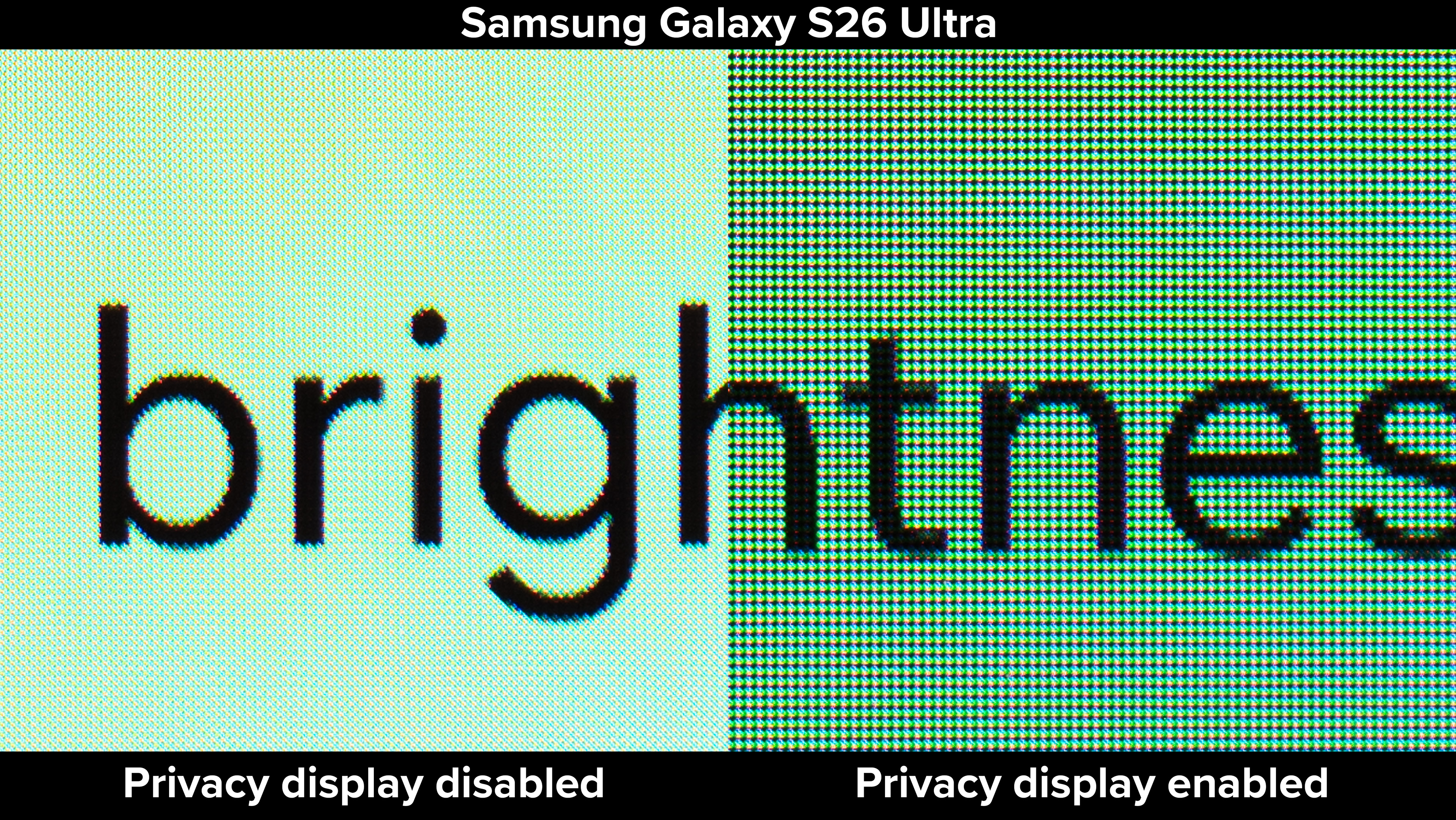 Comparing text clarity on a Samsung Galaxy S26 Ultra's display with Privacy Display enabled and disabled