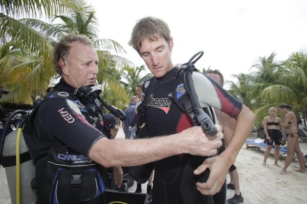 Andy Schleck gets suited up on shore.