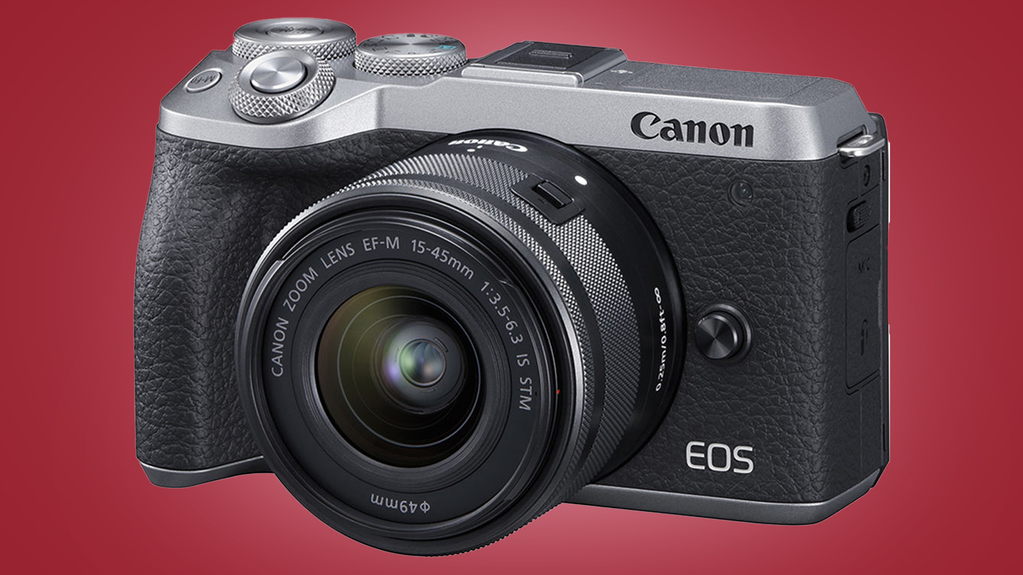 The Canon EOS M6 Mark II camera on a red background