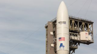 A ULA Atlas V-551 rocket stands showing the new Amazon Leo logo, December 14, 2025. 