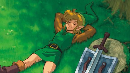 Link relaxes in front of a tree in artwork for The Legend of Zelda: A Link to the Past