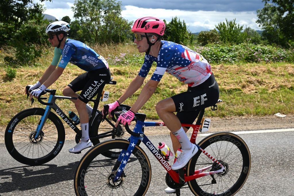 DIJON FRANCE JULY 04 LR Nicolas Prodhomme of France and Decathlon AG2R La Mondiale Team Sean Quinn of The United States and Team EF Education EasyPost compete during the 111th Tour de France 2024 Stage 6 a 1635km stage from Macon to Dijon UCIWT on July 04 2024 in Dijon France Photo by Dario BelingheriGetty Images