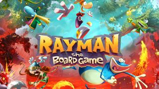 로고에서 뛰어내리는 주요 캐릭터를 묘사한 Rayman 보드 게임 아트워크