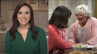 Scarlett Johansson in State of the Union SNL Sketch/Bad Bunny and Pedro Pascal in Protective Mom 2 SNL sketch (side by side)