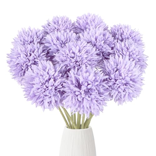Ipopu 12pcs Artificial Chrysanthemums Balls Flower17.3&amp;rsquo;&amp;rsquo; Purple Faux Mums Silk Flowers With Stems for Wedding Bouquet Home Party Garden Outdoor Decoration(purple)
