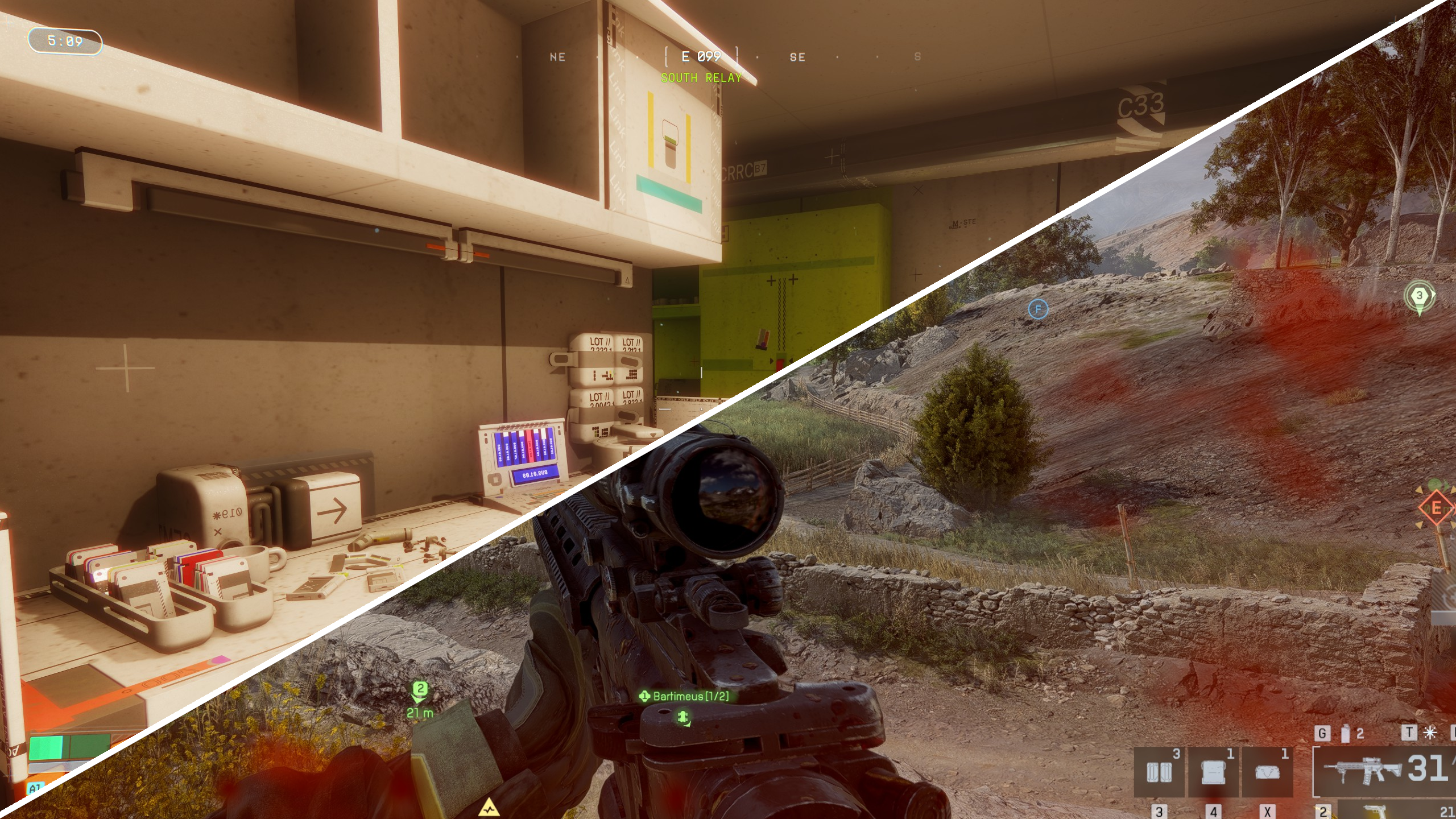 A split image with Marathon on one side and Battlefield 6 on the other.