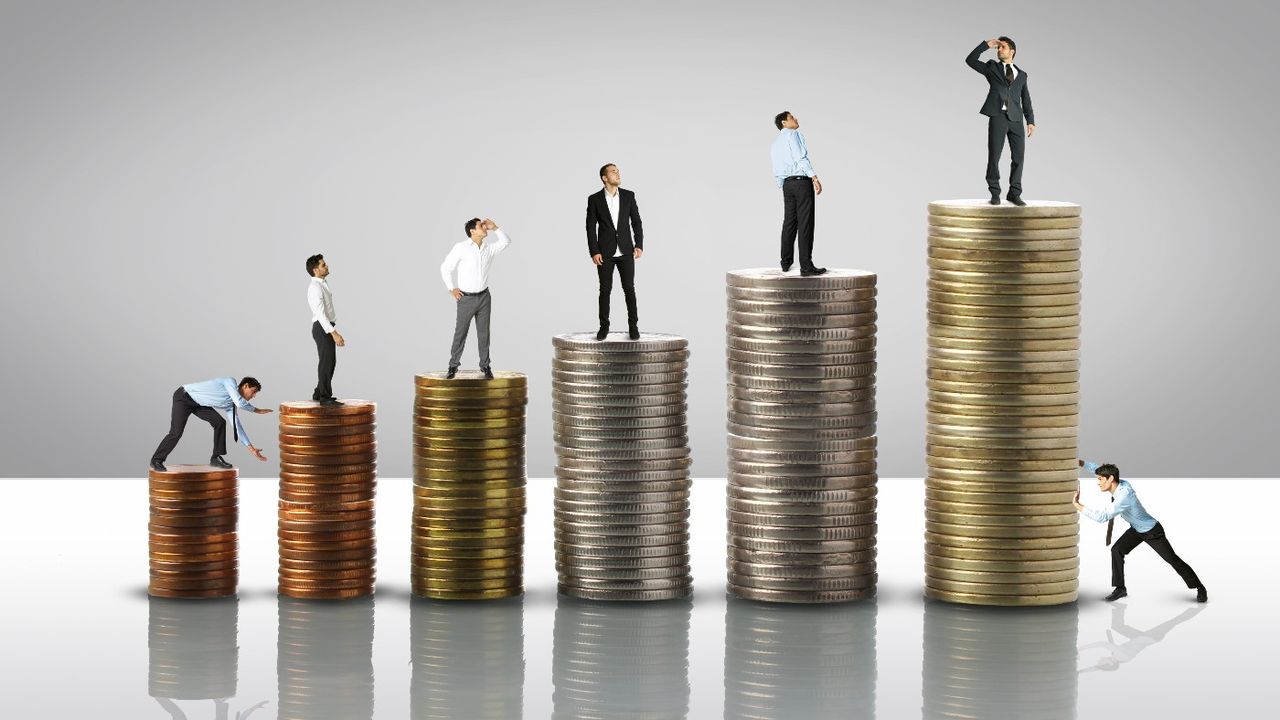 Model of person climbing pile of coins