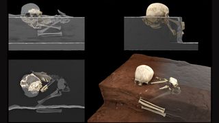 A virtual reconstruction of the remains in the Panga ya Saidi cave (at left) and their position when they were revealed within the sediment block by an x-ray technique called micro-computed tomography (at right).