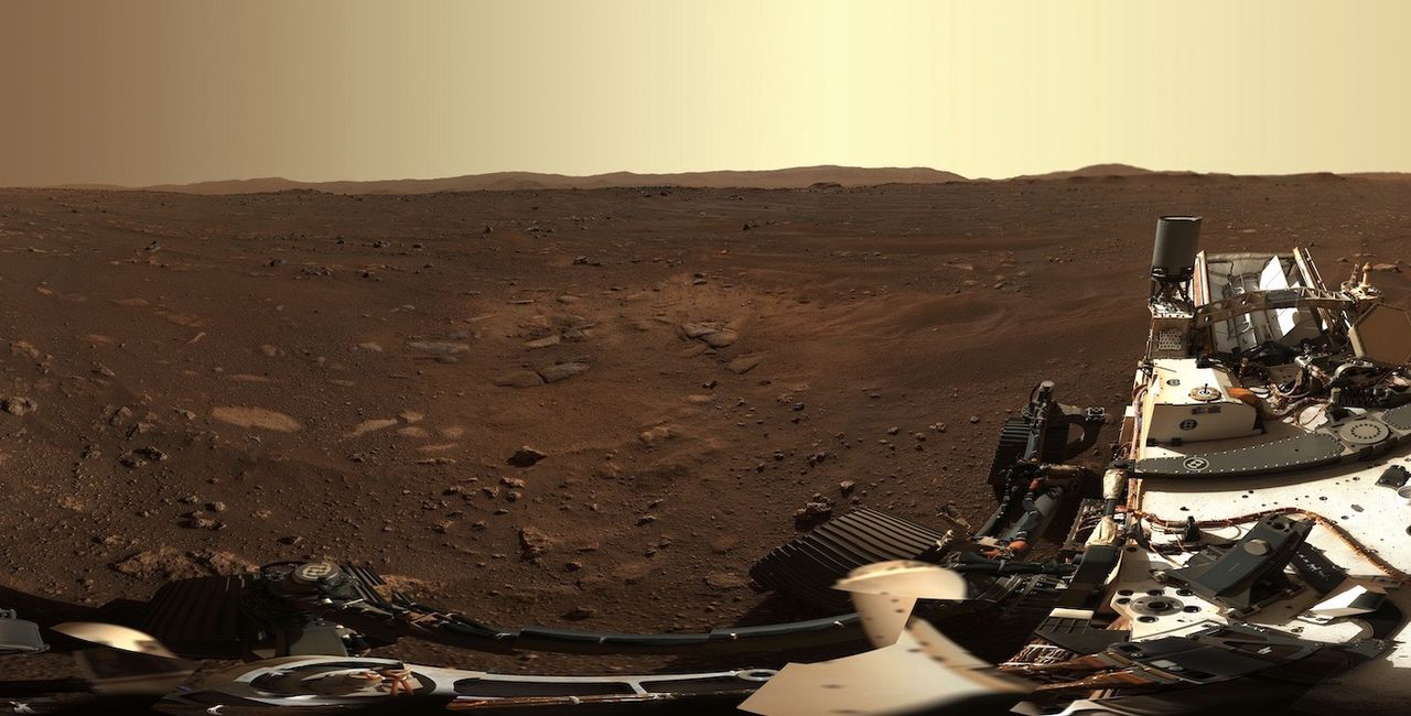 A portion of the panorama captured by the Mastcam-Z camera system aboard NASA's Perseverance Mars rover. The full panorama consists of 142 images taken on Feb. 21, 2021.