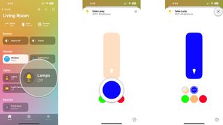 How to disable Adaptive Lighting with your HomeKit-enabled lights in the Home app on the iPhone by showing steps: Tap your Light, Tap another color option, Tap the X button to save.