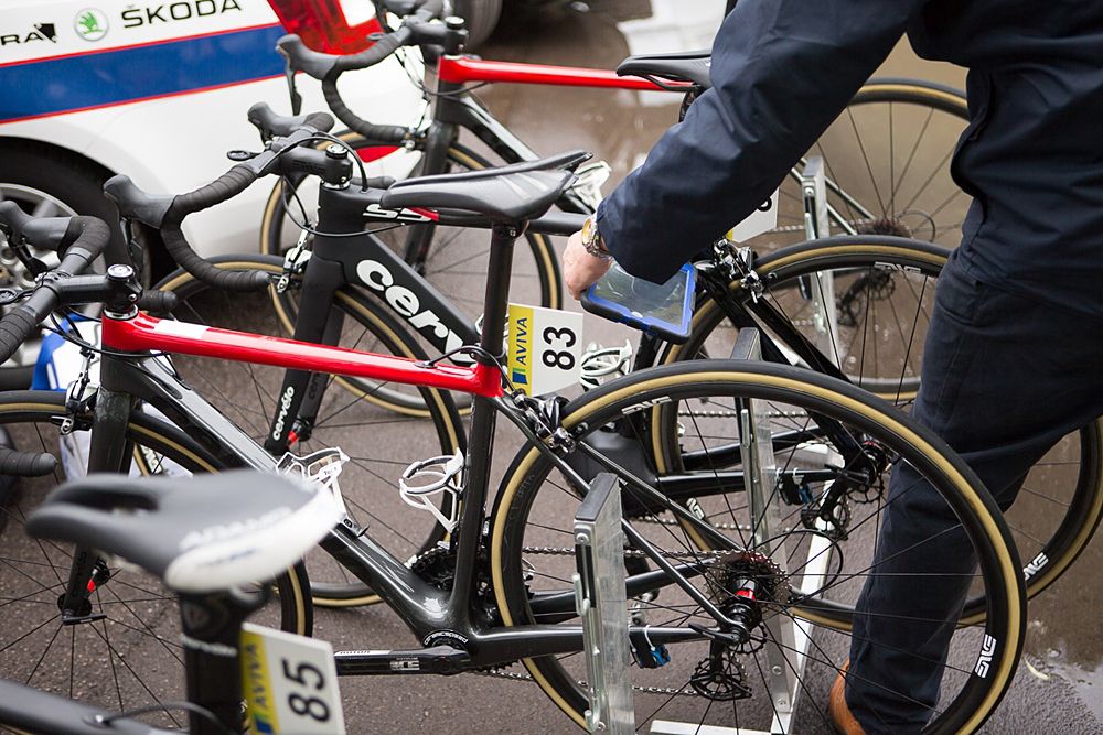 UCI personel checks Cerv&eacute;lo-Bigla Cycling Team bikes for electronic motors before the Aviva Women's Tour 2016 - Stage 2