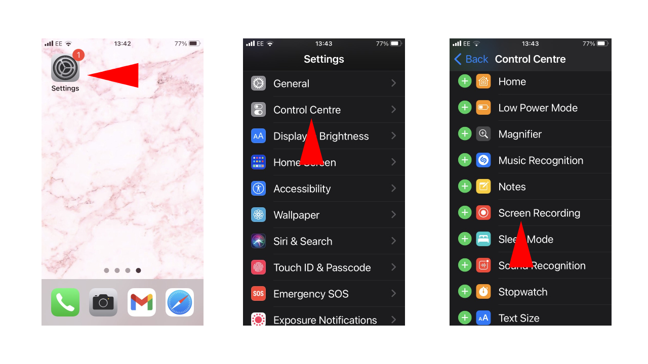 Screenshots of how to screen record on iPhone
