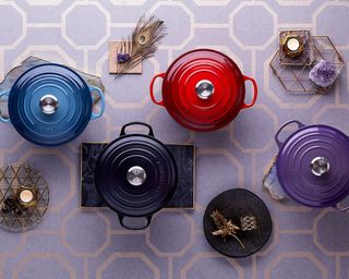 colourful casserole dishes with metal tray
