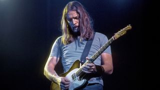 David Gilmour of Pink Floyd onstage at the Sports Arena in April 1975 in Los Angeles, California. 