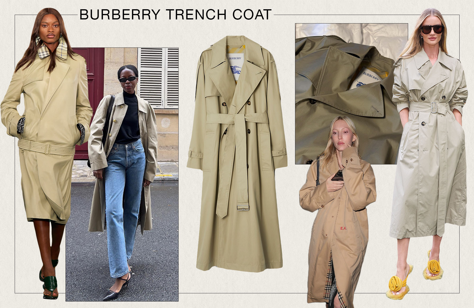 A collage of runway, IG, and street-style images showcasing Burberry trench coats