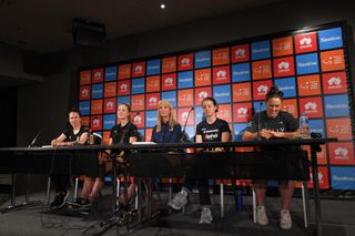 Athletes speak to the press at the Women's Tour Down Under