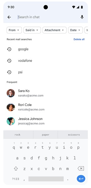 Google Chat's search suggestions new feature being shown in Chat's search bar.