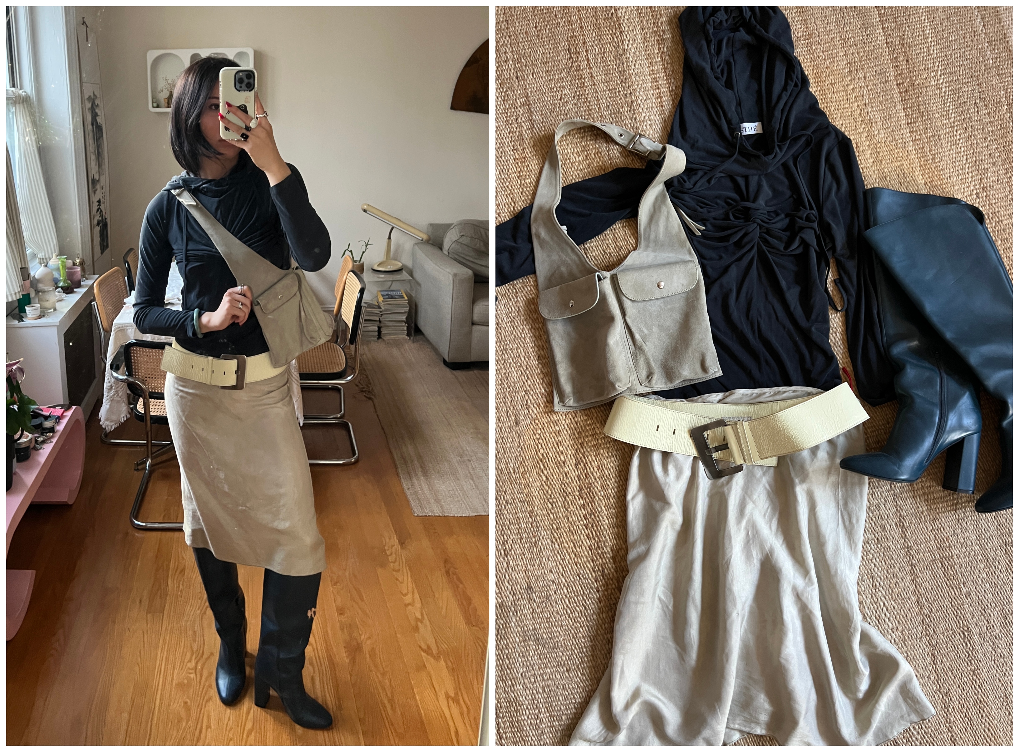 Vivia Li wearing a midi skirt with leather boots