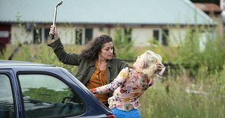Pretending she is going to the police Mel gets Bethany Platt to accompany her to the station but instead stops the car by some railway tracks and grabs her by the hair dragging her towards the tracks in Coronation Street.