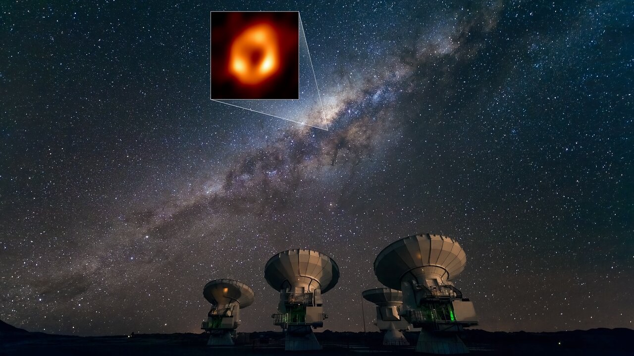 A collage shows the first image of the black hole at the center of the Milky Way at its location on the sky.