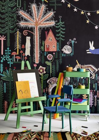 kids room with Lucy Tifney mural, kids chairs , easel and storage unit