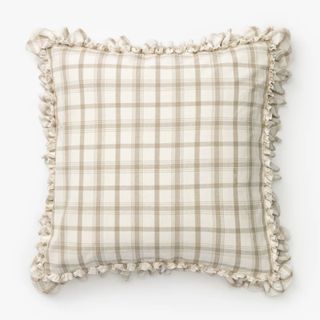 neutral plaid pillow with ruffled edge