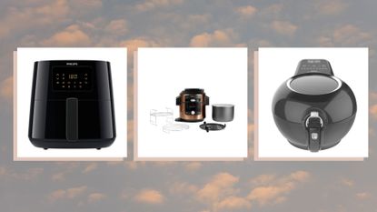 A composite image of three of the best air fryer deals available during the early Black Friday sales in November 2022 on a background with clouds