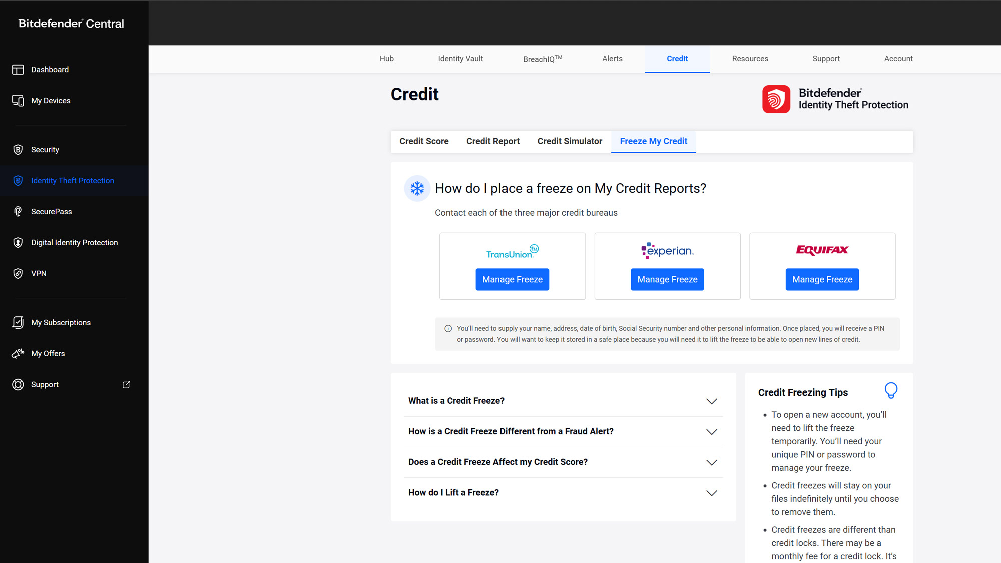 Screenshot of the Bitdefender Ultimate Security Plus Extended web interface