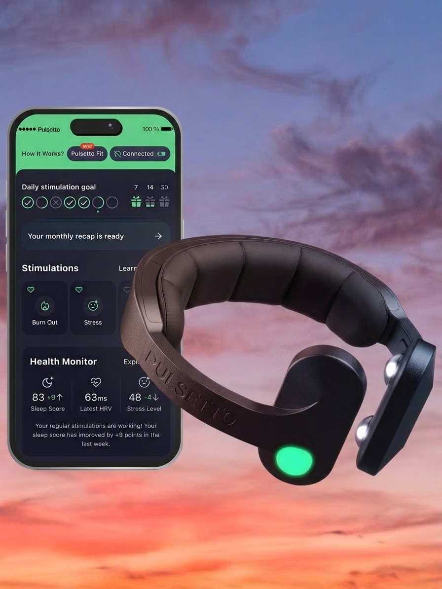 The Pulsetto Fit V2 vagus nerve device and a phone showing the Pulsetto app, against a blue night sky, edited by Gemini
