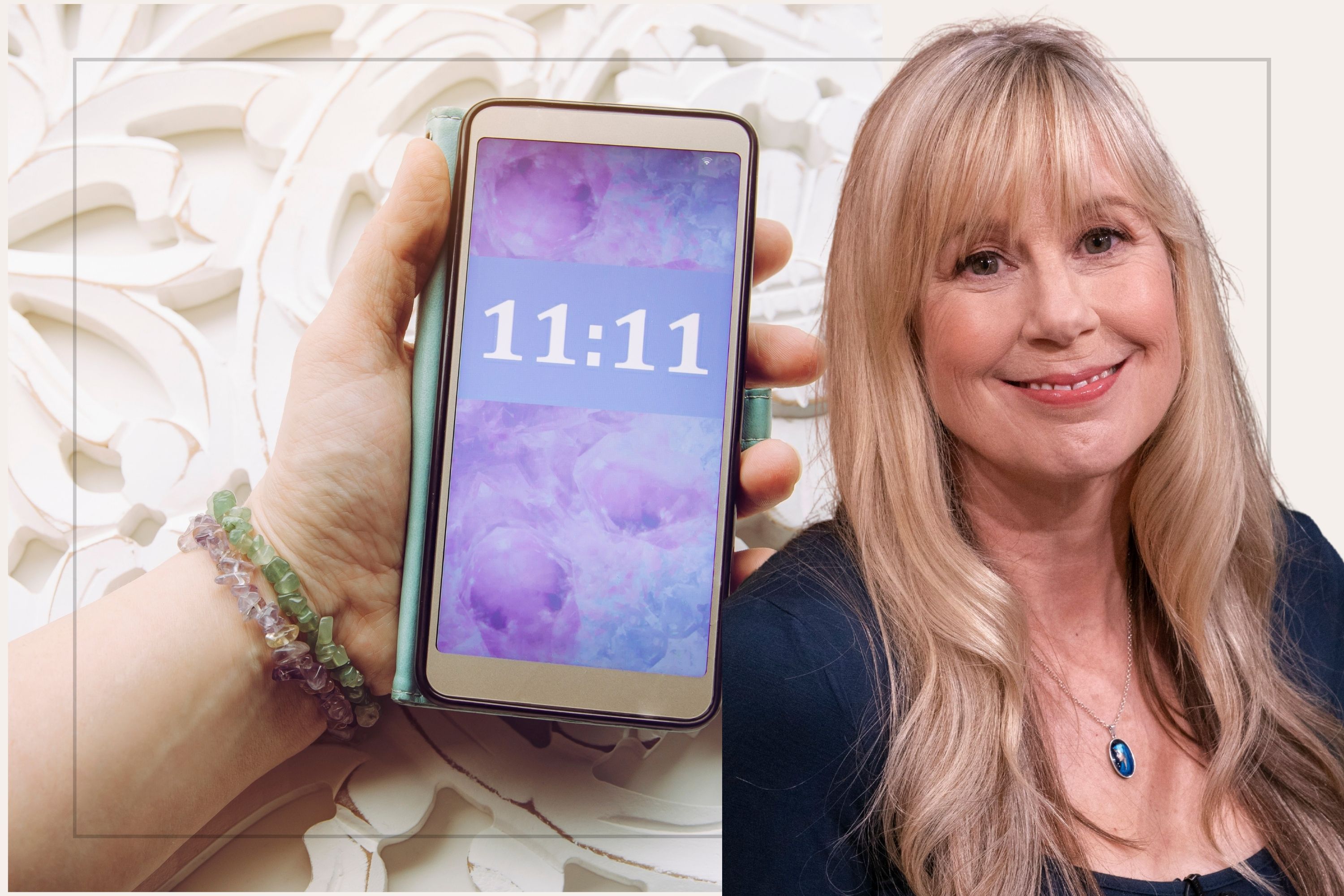 A comp image of a phone showing 11:11 on the screen with Theresa Cheung to the right