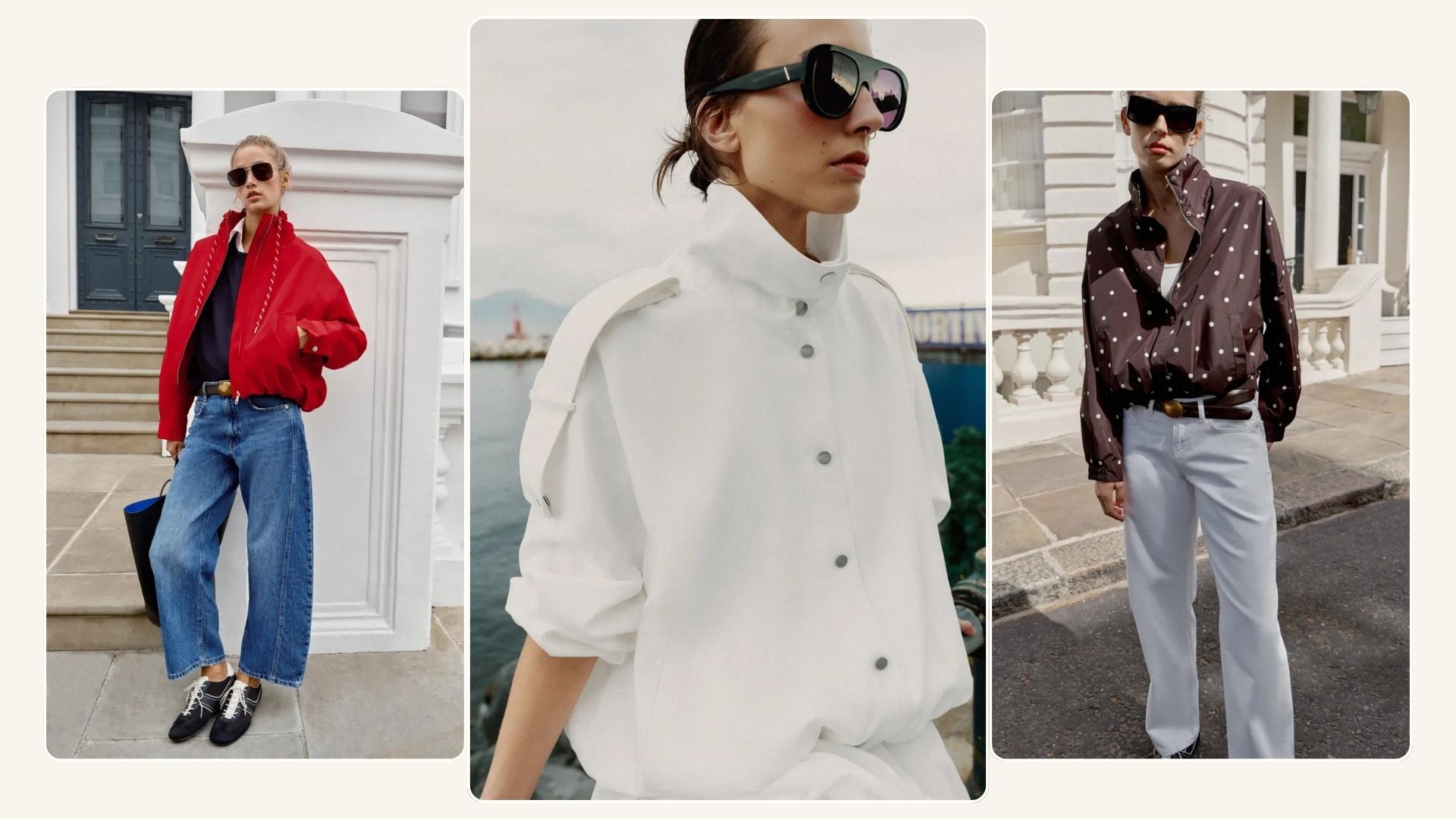 Woman wears red Zara windbreaker, woman wears white Zara windbreaker, woman wears polka dot Zara windbreaker