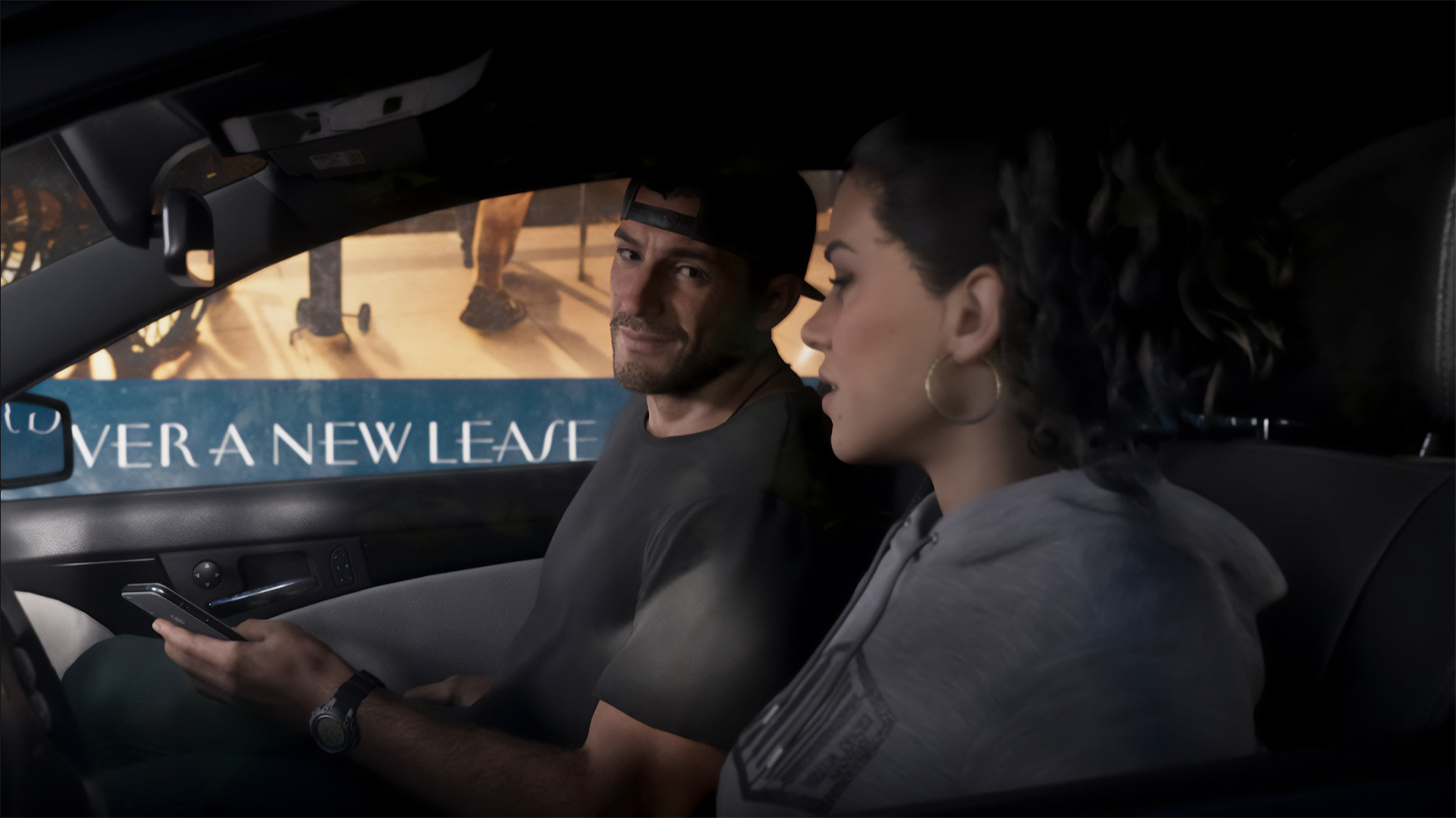 Jason and Lucia from Grand Theft Auto 6 talking in a car.