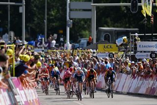 Charlotte Kool sprinting to victory on stage one of the Tour de France Femmes 2024