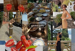 Collage of women outside with trees, tomatoes, and fresh vegetables