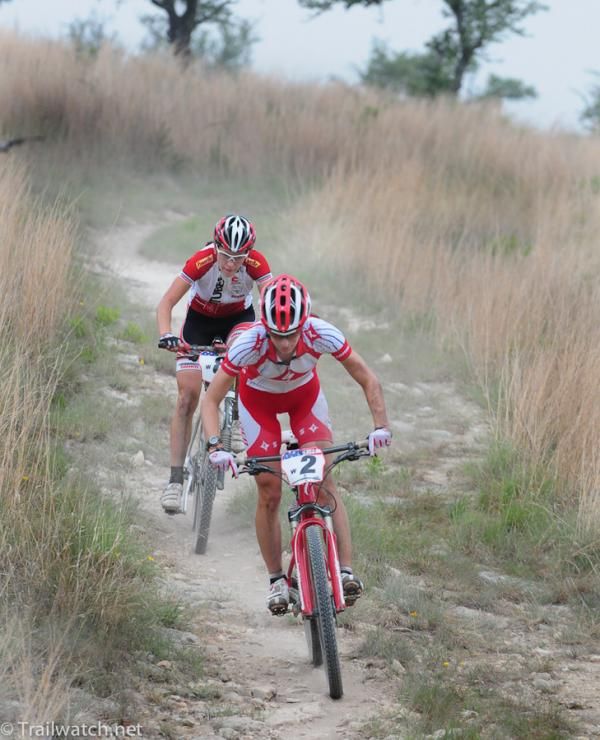 Lea Davison and Krista Park descending together on the first lap
