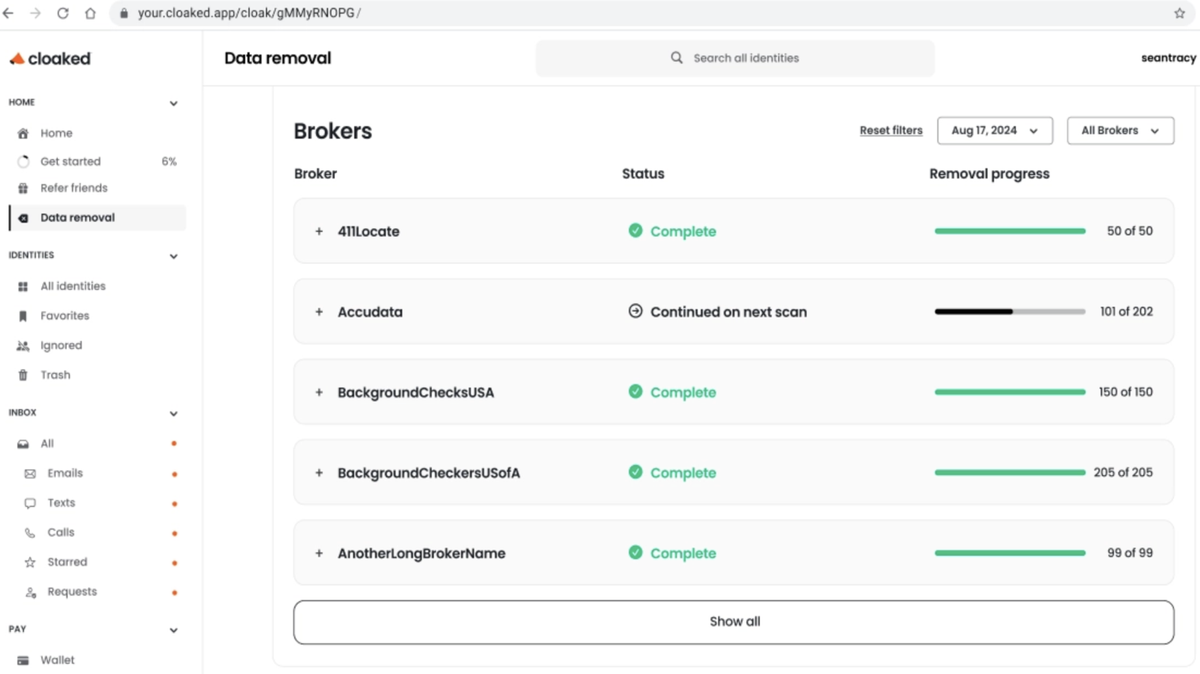 Monitoring data deletion requests on Cloaked