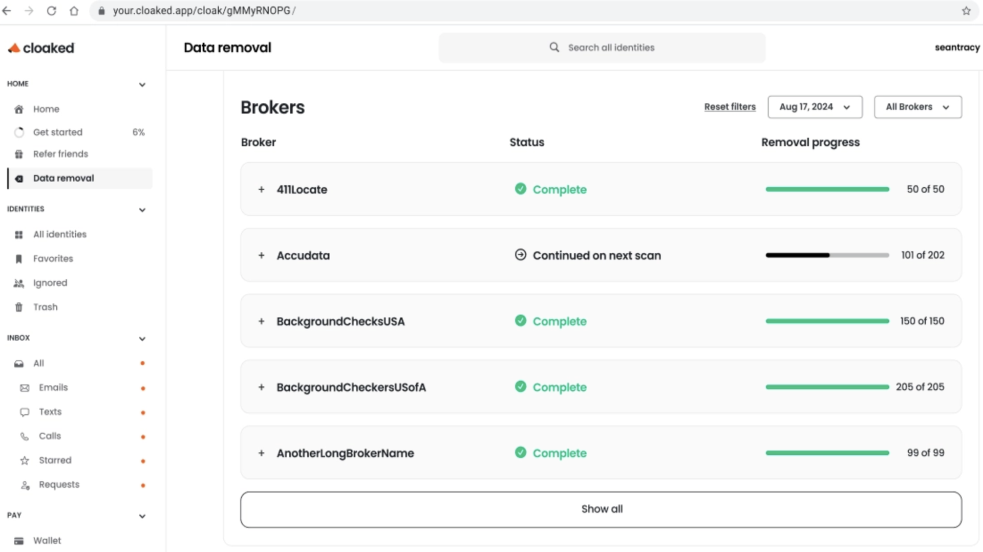 Monitoring data deletion requests on Cloaked