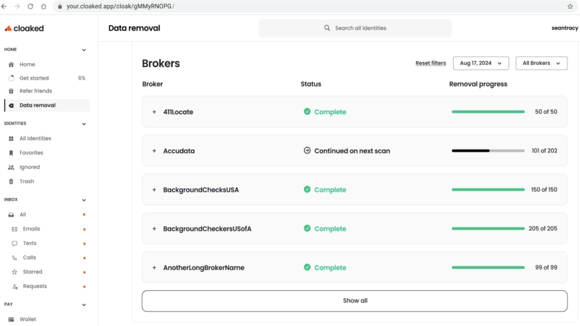 Monitoring data deletion requests on Cloaked