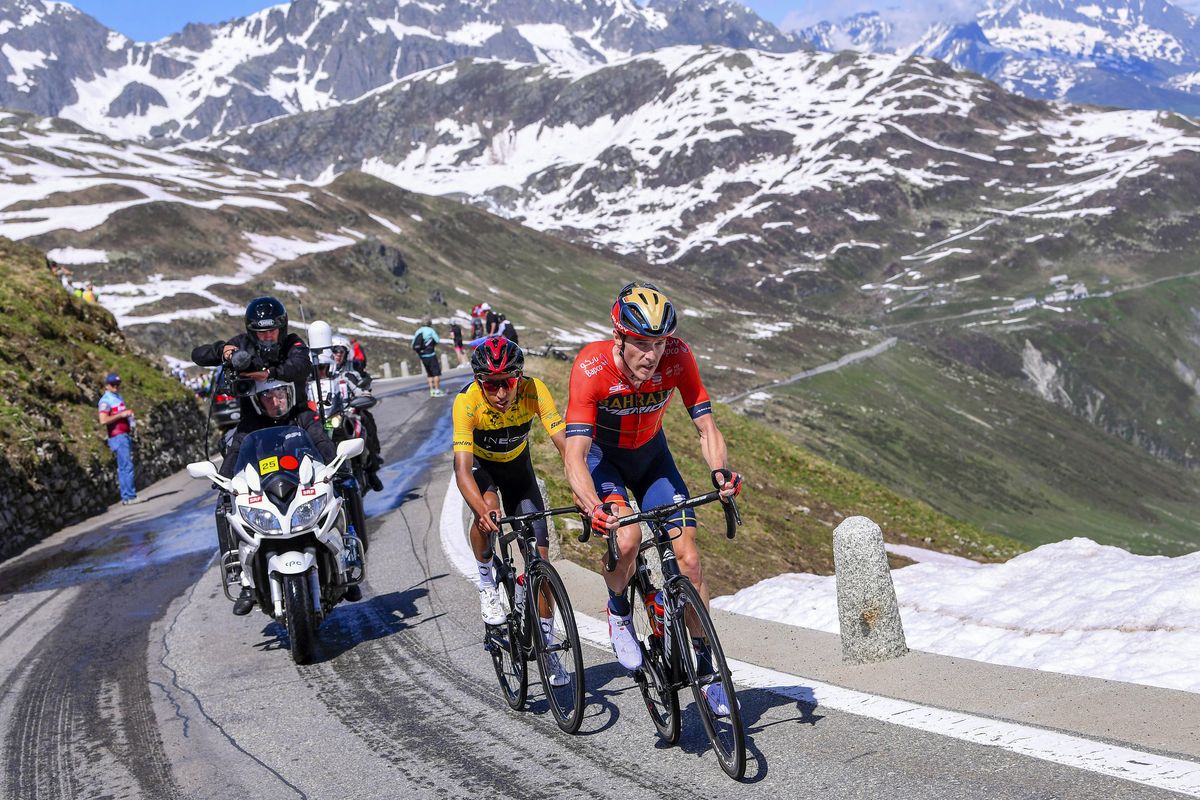 Rohan Dennis leads future Team Ineos teammate Egan Bernal on stage 9 of the 2019 Tour de Suisse, where Dennis would finish second overall