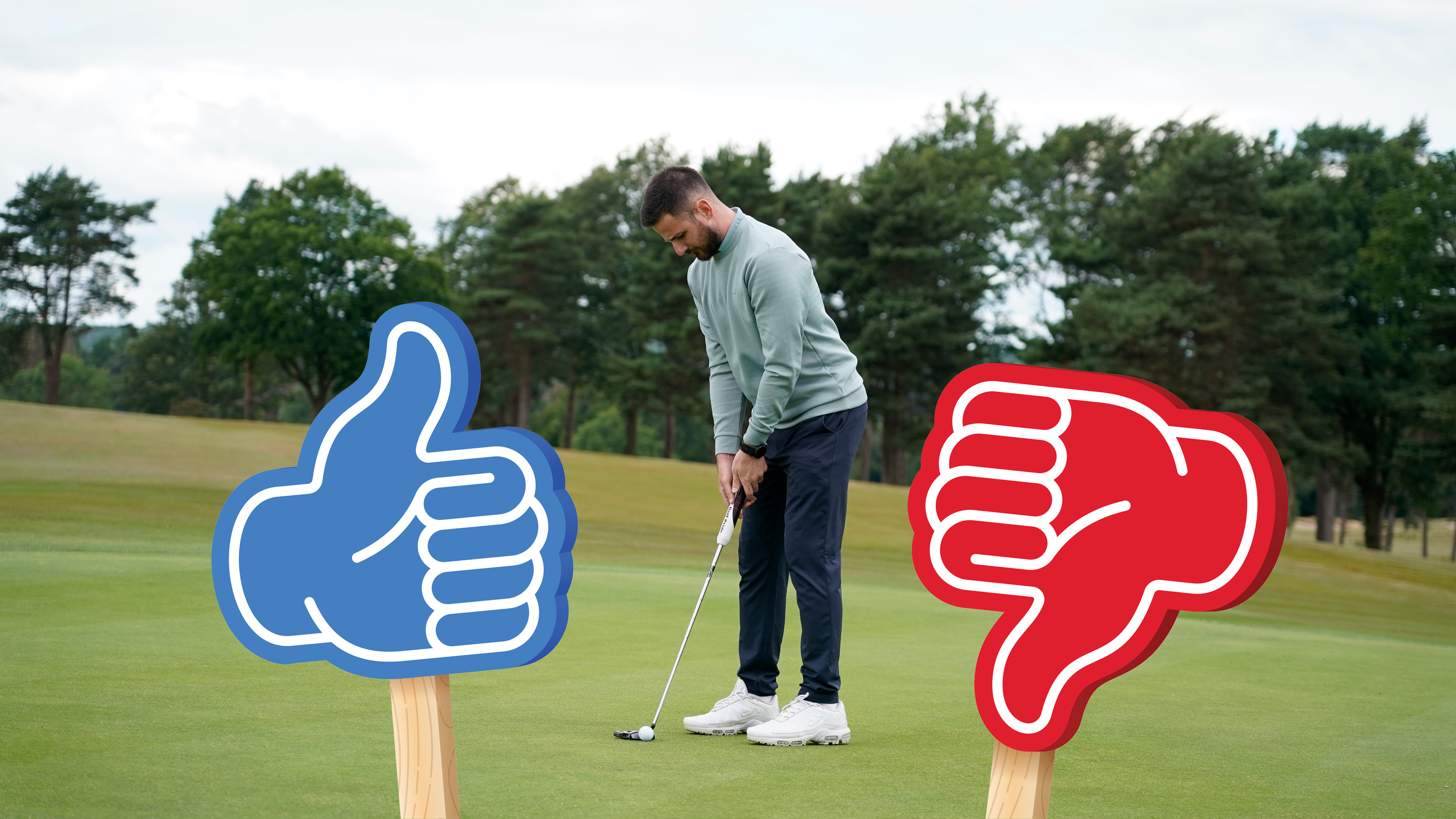 Baz Plummer setting up to hit a putt on the green, with a thumbs up and thumbs down icon flanking him either side indicating a discussion about what score he needs to shoot to be considered a 'good' golfer