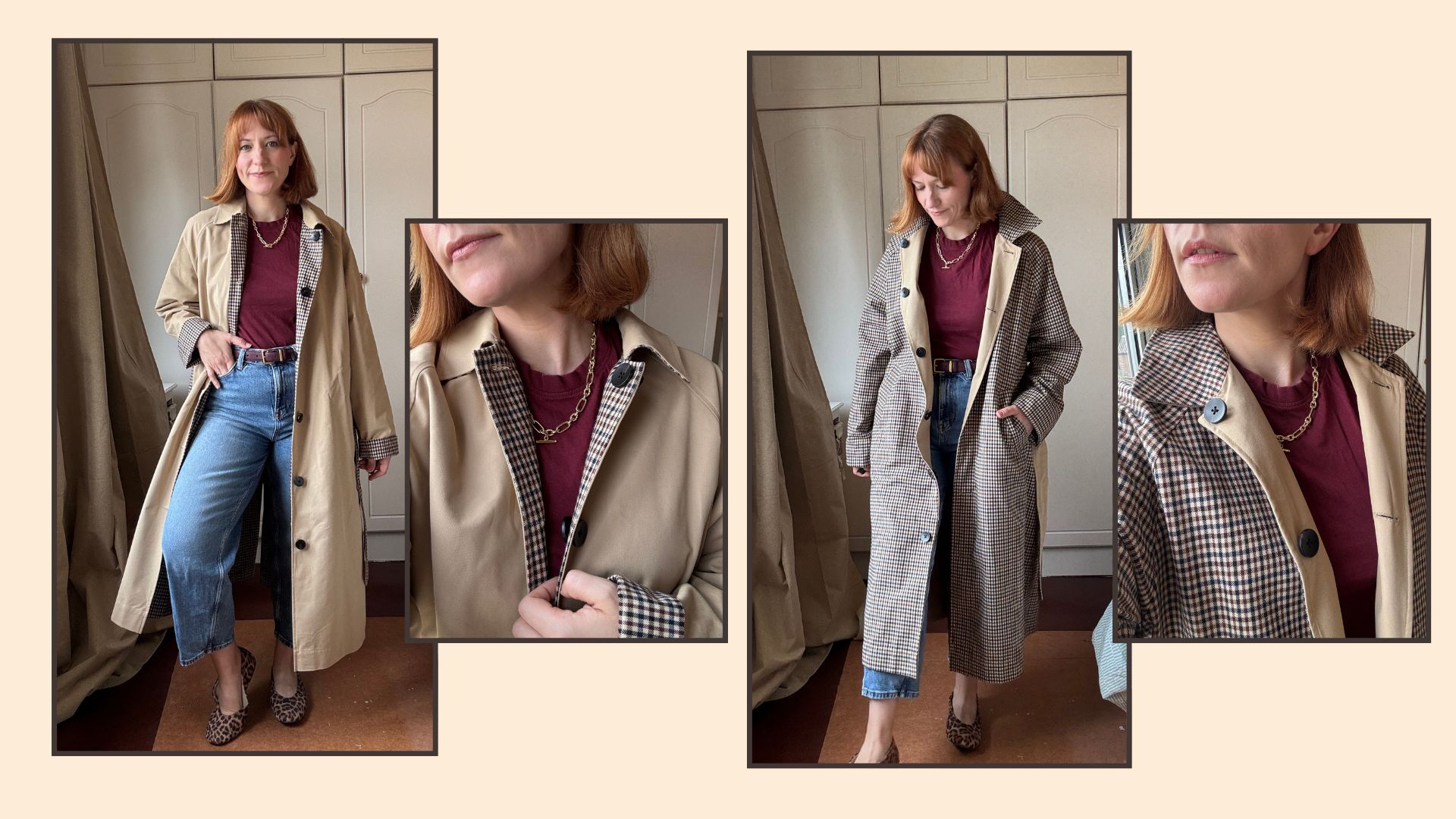 four shots of matilda wearing the f&amp;amp;F reversible trench coat