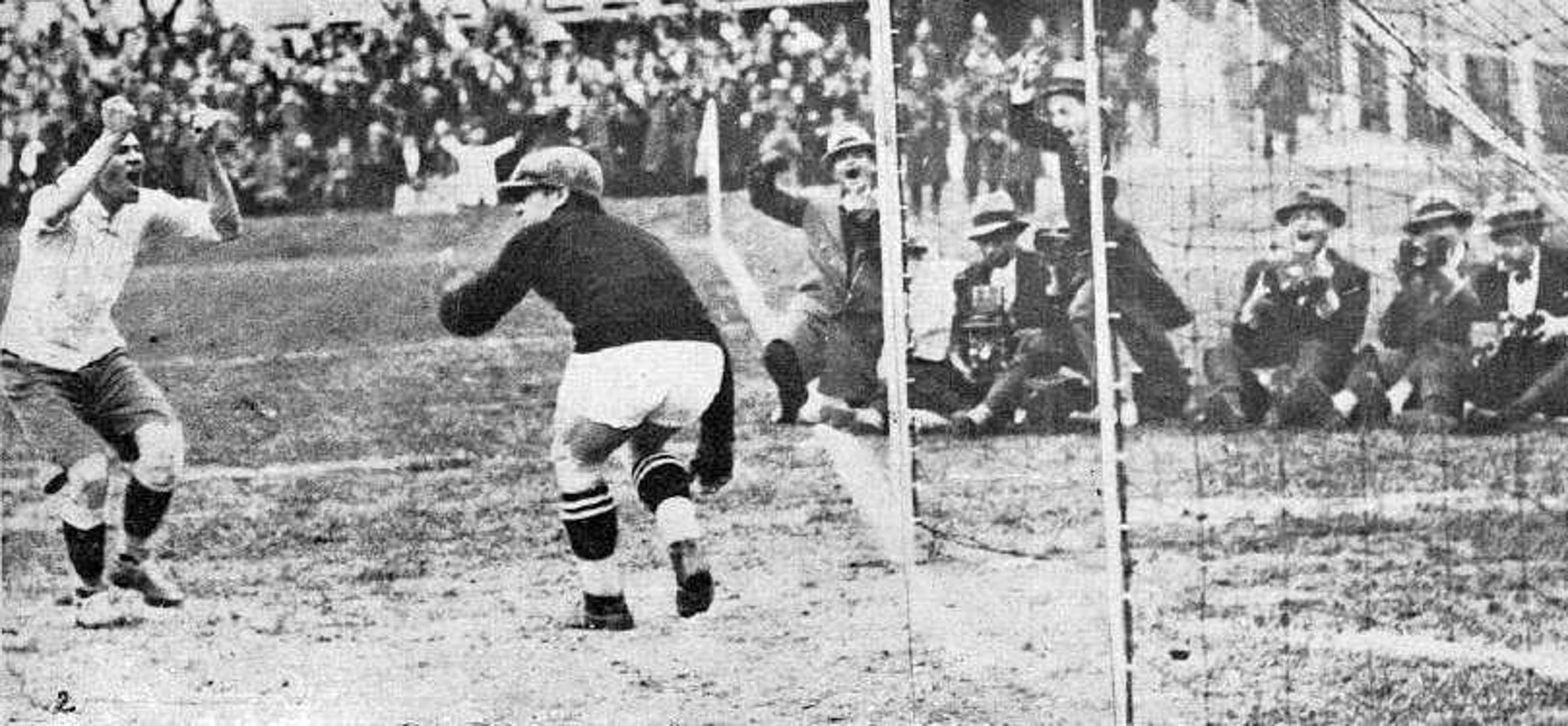 Uruguay vs Yugoslavia (1930) black and white image of goal celebration