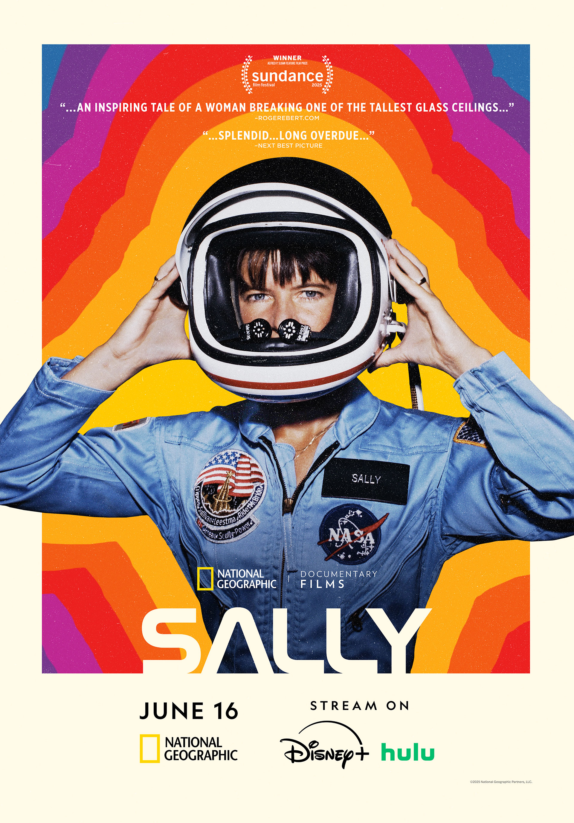 documentary poster art showing a female astronaut lifting a helmet off her head with bright rainbow colors forming her silhouette behind her