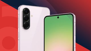 The Samsung Galaxy A56 on a red background