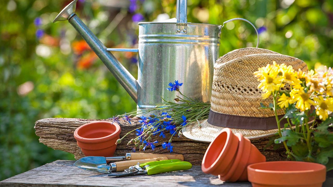 A wooden garden table with a watering can, straw hat, gardening tools, and flowers to highlight essential summer gardening jobs 