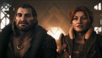 Varric and Harding standing side by side