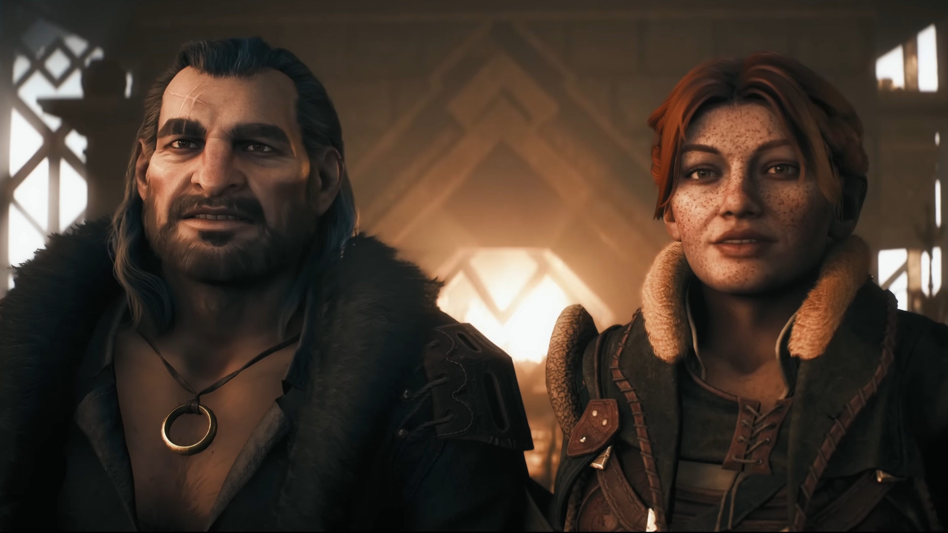 Varric and Harding standing side by side