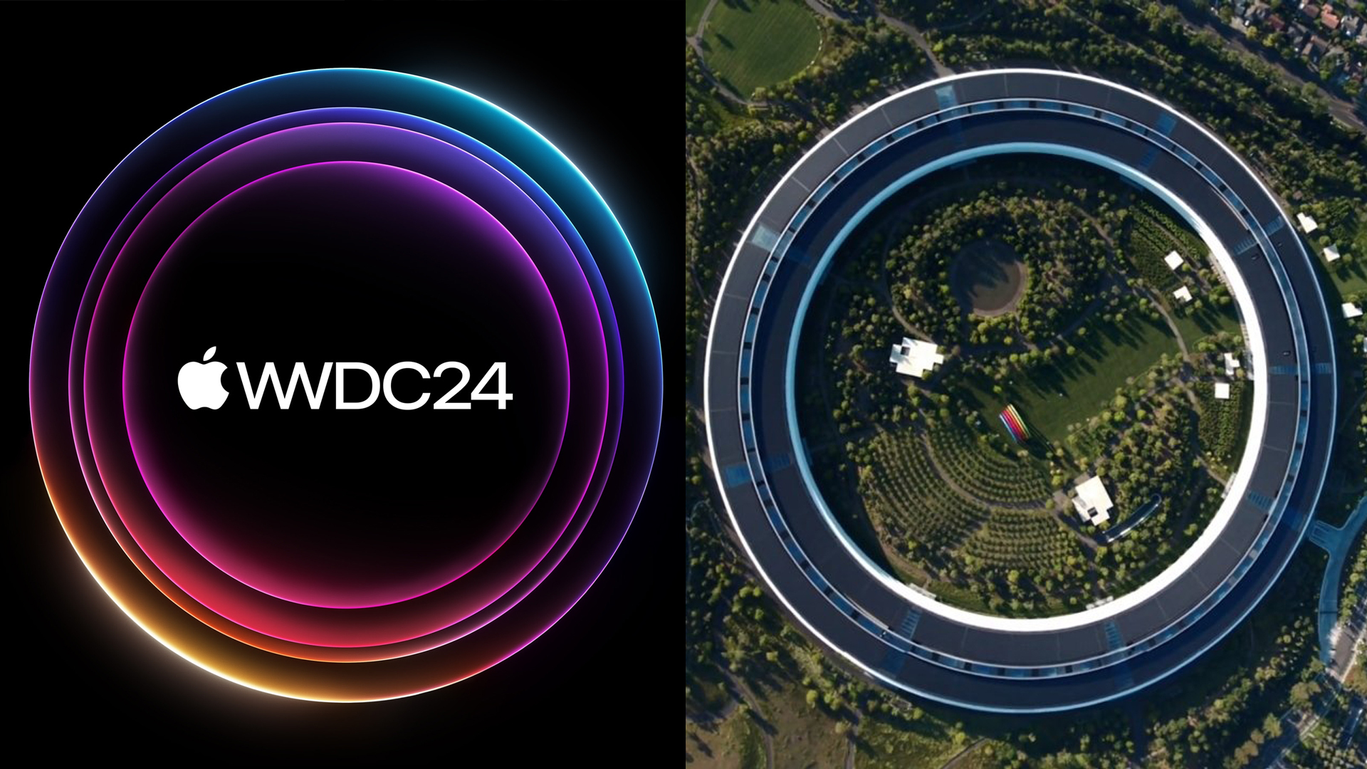 Logotipo del evento WWDC 2024 y campus de Apple Park